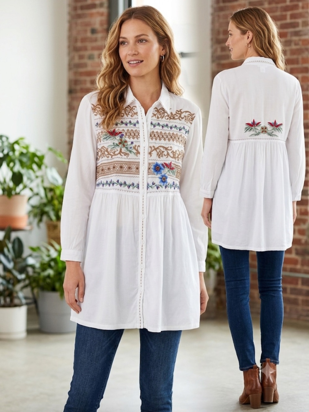 Krista Lee White Embroidered Sequin Boho Tunic Blouse Sz M